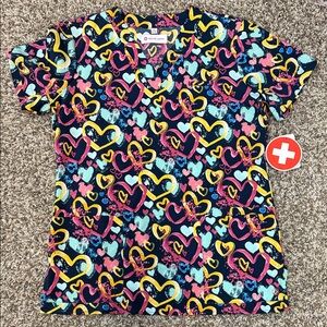 White Cross Multicolor Heart Short Sleeve Scrub Women's XS - NWT